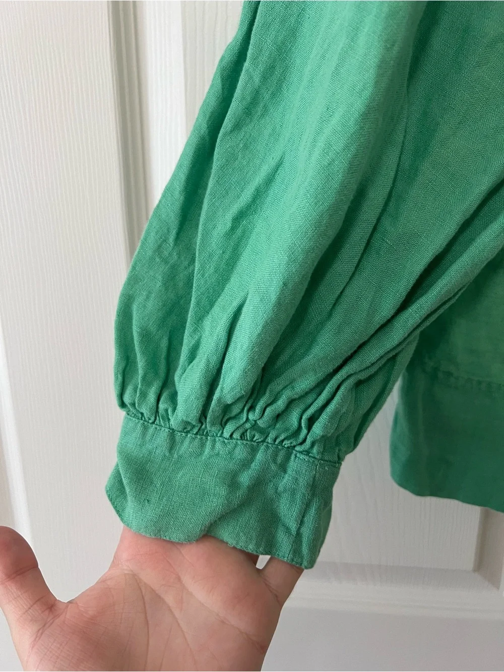 J.Crew Green 100% Linen Button Front Puff Sleeve Blouse Top Small BG249